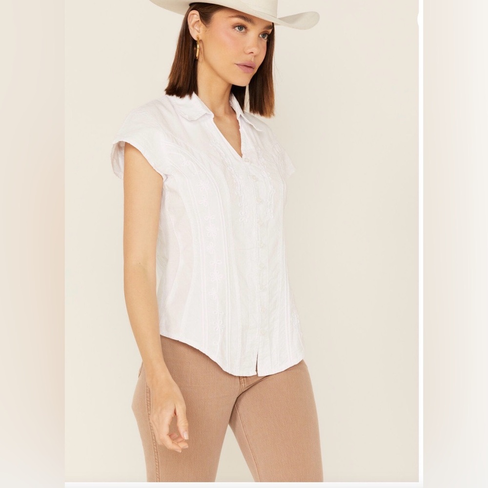 🤠✨ Scully White Embroidered Western Blouse Large | Snap Cowgirl Top‎ ✨